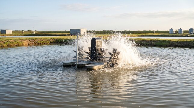 Mechanical paddlewheel aerator splashing water inside commercial catfish farming pond highlighting aquaculture oxygenation
