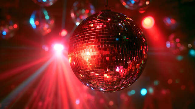 Retro Roller Disco Ball Glowing Colorfully Above A Dance Floor