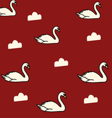 Seamless pattern of white swans and clouds on red background vector illustration © Anlypicart