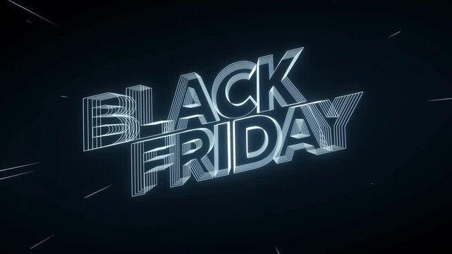 Tracking shot of rotating glowing black friday 3d text logo in dark studio space with light streaks and motion blur