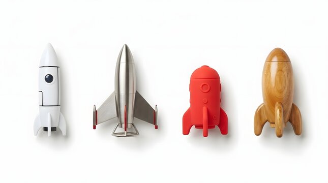 Toy rocket ship models made of plastic steel silicone and wood in a row on white background