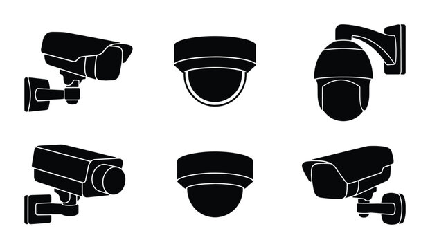 Security camera silhouettes set with dome and bullet types for surveillance and monitoring