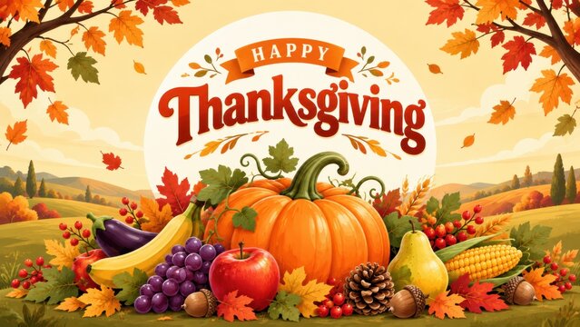 Happy Thanksgiving Harvest Celebration with Autumn Fruits and Vegetables.