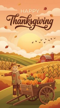 Happy Thanksgiving Harvest Scene with Scarecrow and Pumpkins.