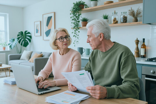 Senior Caucasian couple reviewing bills and using laptop at home, managing household finances and budgeting together. Ideal for retirement planning, personal finance, debt management