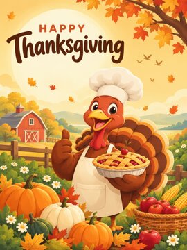 Happy Thanksgiving Turkey Chef Holding Pie in Autumn Harvest Scene.