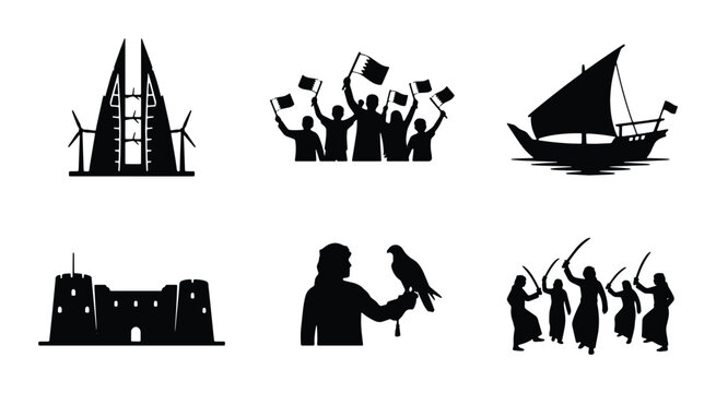 Middle Eastern landmarks and culture silhouettes set with dhow boat, falconry, fort, and traditional dancers for tourism and heritage