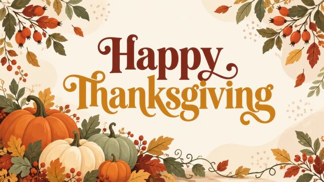 Happy Thanksgiving Holiday Background with Pumpkins and Autumn Leaves.