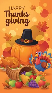 Happy Thanksgiving Vertical Banner with Traditional Symbols and Autumn Colors.