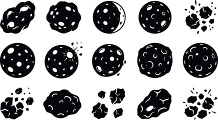 Asteroid, Moon Craters and Meteorite Impact Silhouette Vector Icon Set of 15 with Space Debris    © MirzaAsmaul