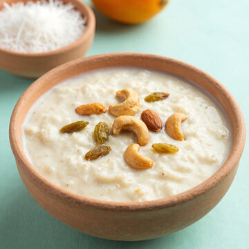 Creamy rice pudding with cashews a delicious and traditional dessert presentation