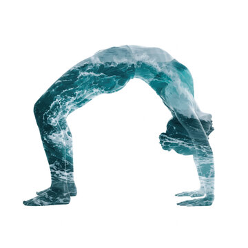 Gymnastic backbend silhouette with ocean wave double exposure