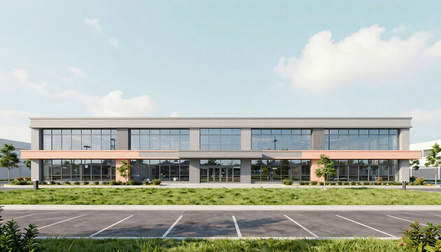 Modern two story office building with glass facade and landscaped surroundings