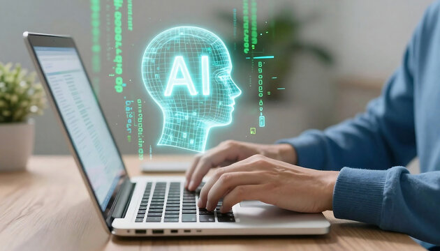 Artificial intelligence concept a glowing ai head emerges from a laptop screen