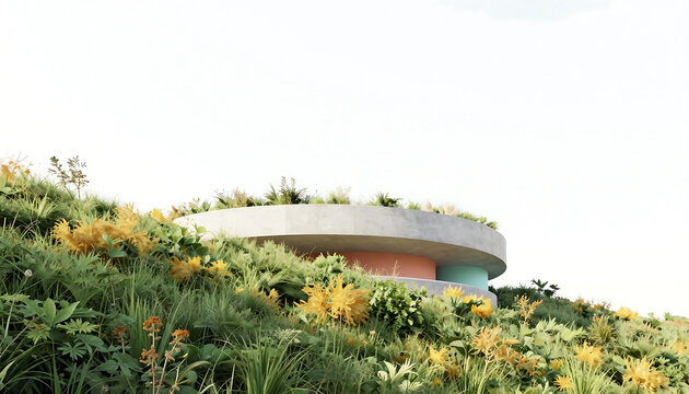 Modern architectural marvel a circular building nestled in lush tropical vegetation
