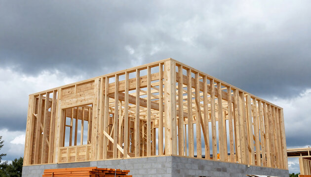 House framing under construction with dramatic cloudy sky backdrop