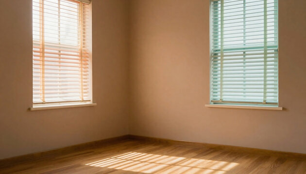 Sunlit corner room with wooden floors and two windows with blinds