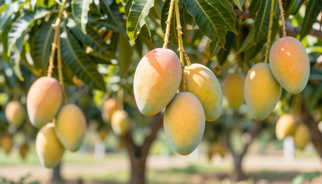 Abundant mango harvest ripe fruits hanging from lush green tree branches