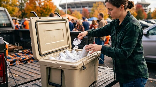 Woman scooping ice over drink cans inside large cooler on pickup truck bed during outdoor tailgate party prep