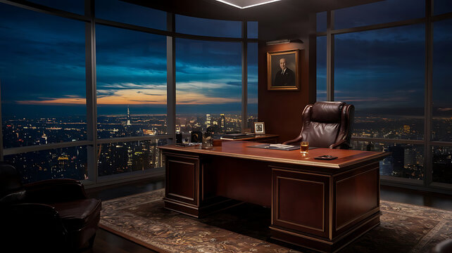 Luxurious office with panoramic city view at dusk