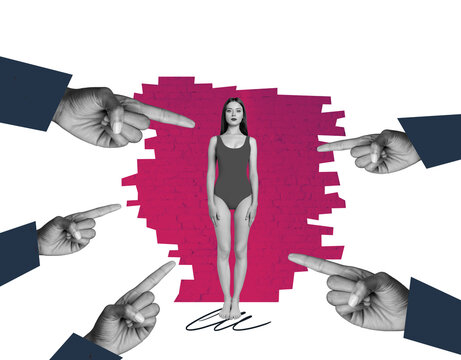 Composite trend artwork 3D sketch image photo collage of harassment abuse victim hand gesture finger point mockery young lady swimwear
