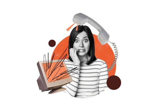 Composite photo collage of scared panic girl bite fingers telephone receiver call center broke pc screen isolated on painted background