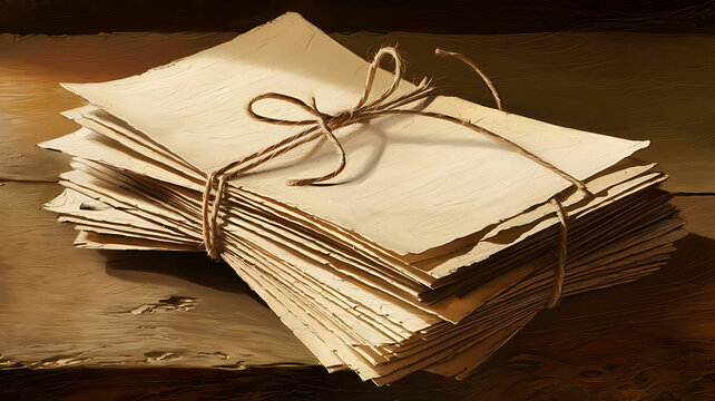 A stack of vintage letters tied with twine on a wooden surface