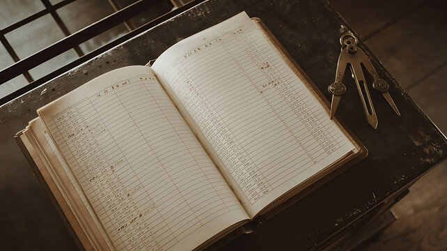 Antique open book with handwritten text and vintage keys nearby