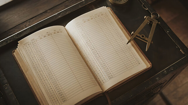 Antique open book with handwritten text and feather quill on dark surface