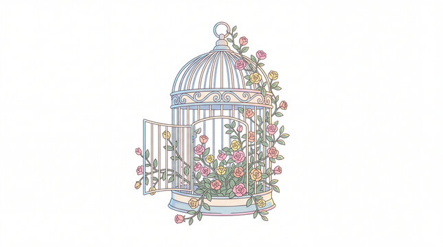 Ornate vector bird cage open with pastel roses floral design