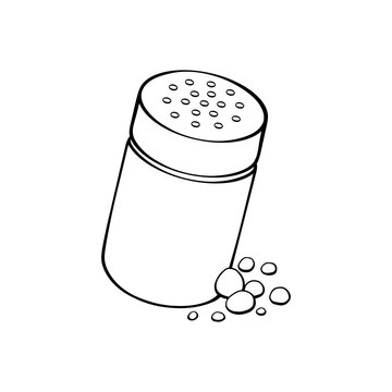 Minimalist salt shaker illustration with scattered salt grains, simple clean black outline kitchen utensil icon isolated on transparent background