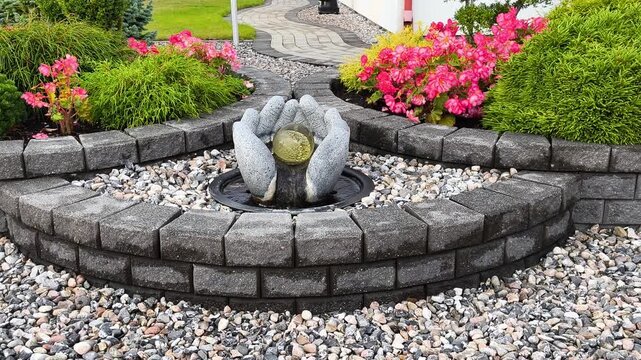 Decorative fountain hands holding a glass ball in a landscaped garden bed