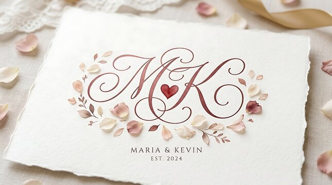 Wedding invitation card with elegant monogram and floral petal