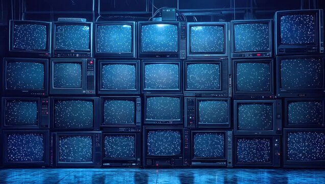 Wall of vintage television sets displaying synchronized blue graphic patterns. Retro technology concept with flickering screens in dark room. Static wide shot.