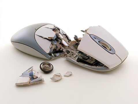 Broken computer mouse technology element, Shattered plastic electronic device texture, Office equipment failure concept backdrop