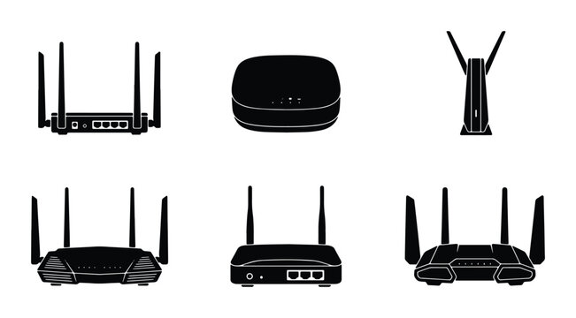 Router silhouettes set with modems and wireless devices for technology and networking