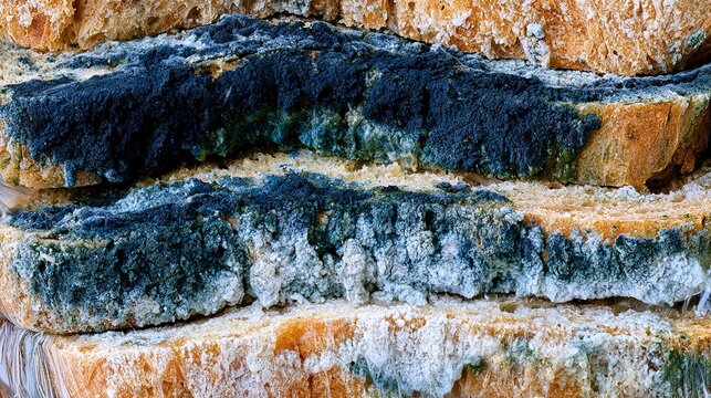 Moldy bread slices close-up, Rotten spoiled food texture background, Unhealthy decaying organic element
