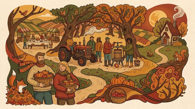 Autumn harvest festival illustration with people tractor apples and pu
