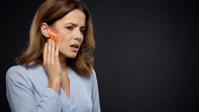 Woman touching her painful jaw with a glowing joint overlay. A close portrait against a dark background shows the mandible and teeth beneath her hand, presenting a concept of facial discomfort.