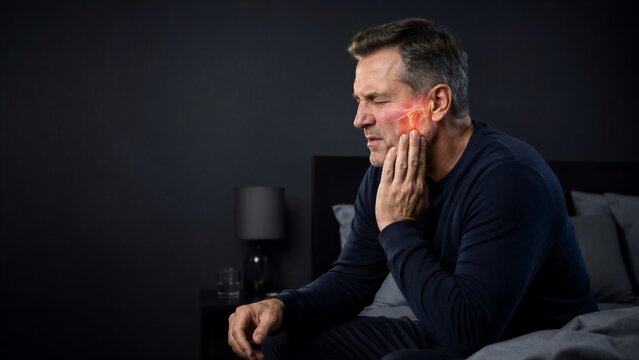Man holding his jaw while sitting on the edge of a bed. An orange anatomical overlay marks the mandibular joint beside his ear, with a bedside lamp and pillows visible in the dim bedroom.