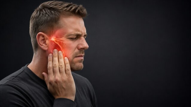 Man pressing his cheek with closed eyes and a glowing jaw overlay. The side view against a dark background reveals the mandible and teeth, presenting an anatomical concept of facial discomfort.