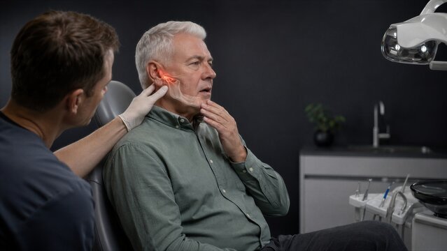 Dentist examining a senior man's jaw in a dental chair. Gloved fingers palpate the cheek near an orange mandibular overlay, while an examination lamp and instruments frame the clinical setting.
