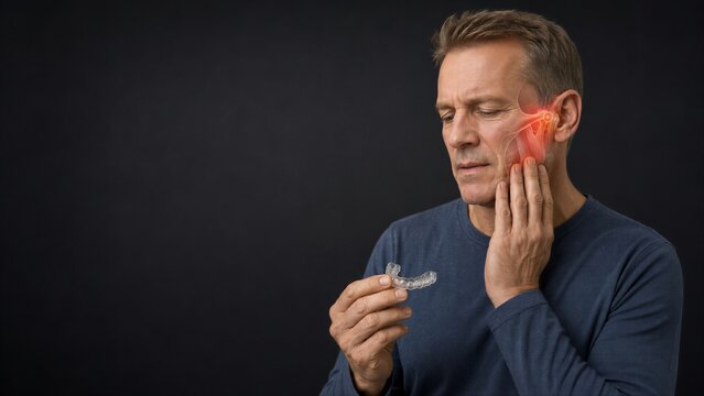 Man holding a transparent dental guard while touching his jaw. A glowing mandibular overlay highlights the joint near his ear, connecting the visible appliance with a concept of oral comfort.