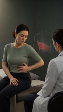 Clinician discussing side pain with a seated woman beside a torso overlay. Red bands mark dermatomes around a spinal outline as the patient holds her flank, with a white coat framing the scene.