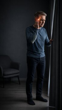 Man holding a curtain with one hand while touching his temple with the other. Orange nerve branches overlay his face, adding a headache concept to the blue shirt and subdued light in the indoor scene.
