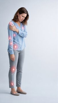 Woman touching her upper arm beneath a skeletal anatomy overlay. Red glows mark joints along white bones and nerves, creating a joint discomfort concept over the blue blouse and gray trousers.