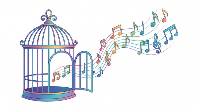 Vector bird cage open with colorful musical notes flying out
