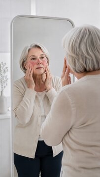 Senior woman examining reddened cheeks in a mirror. Her cream blouse, silver hair and expression frame a visible facial skin concern in a bright home interior, with the reflected face shown.