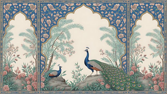 Traditional Mughal Motif Frame Arch Peacock, Traditional Mughal decorative garden with arch peacock seamless pattern frame, Traditional Mughal temple lattice wall peacock tree pattern illustration