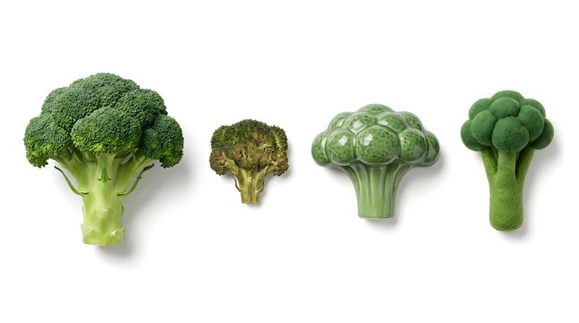 Assortment of broccoli florets and stalks in various styles and materials